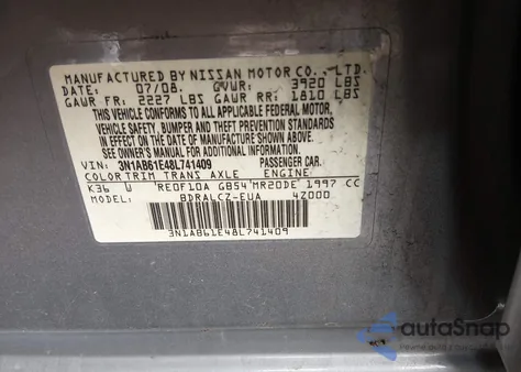 2008 Nissan Sentra 2.0 из США, поврежденный, VIN 3N1AB61E48L741409